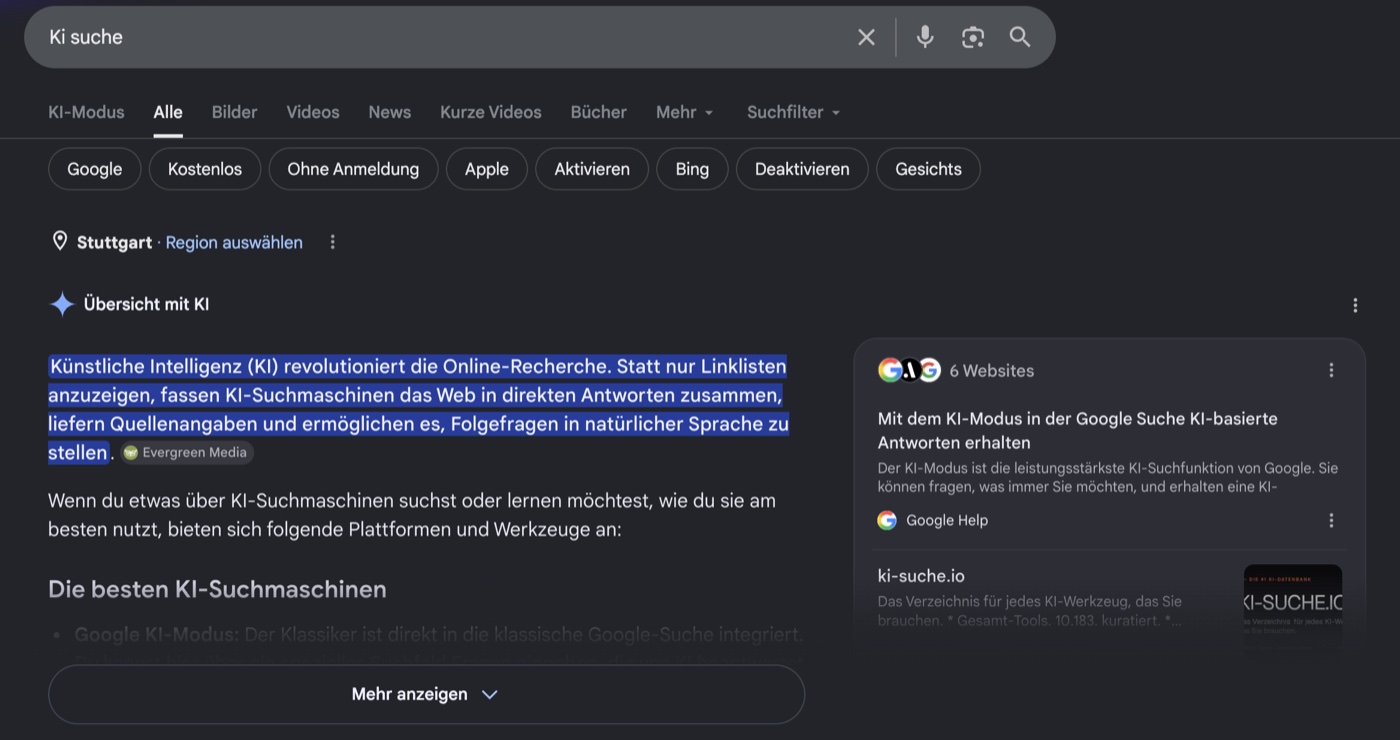 Google-Suche mit KI-Übersicht: KI fasst das Web zusammen und nennt Quellen